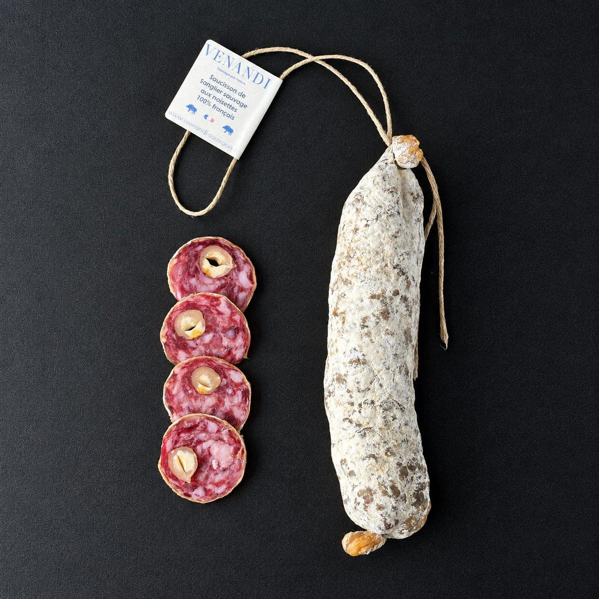 Saucisson de Sanglier Sauvage aux Noisettes 100% Français (Wildschwein-Salami mit Haselnüsse, luftgetrocknet) 180g Venandi