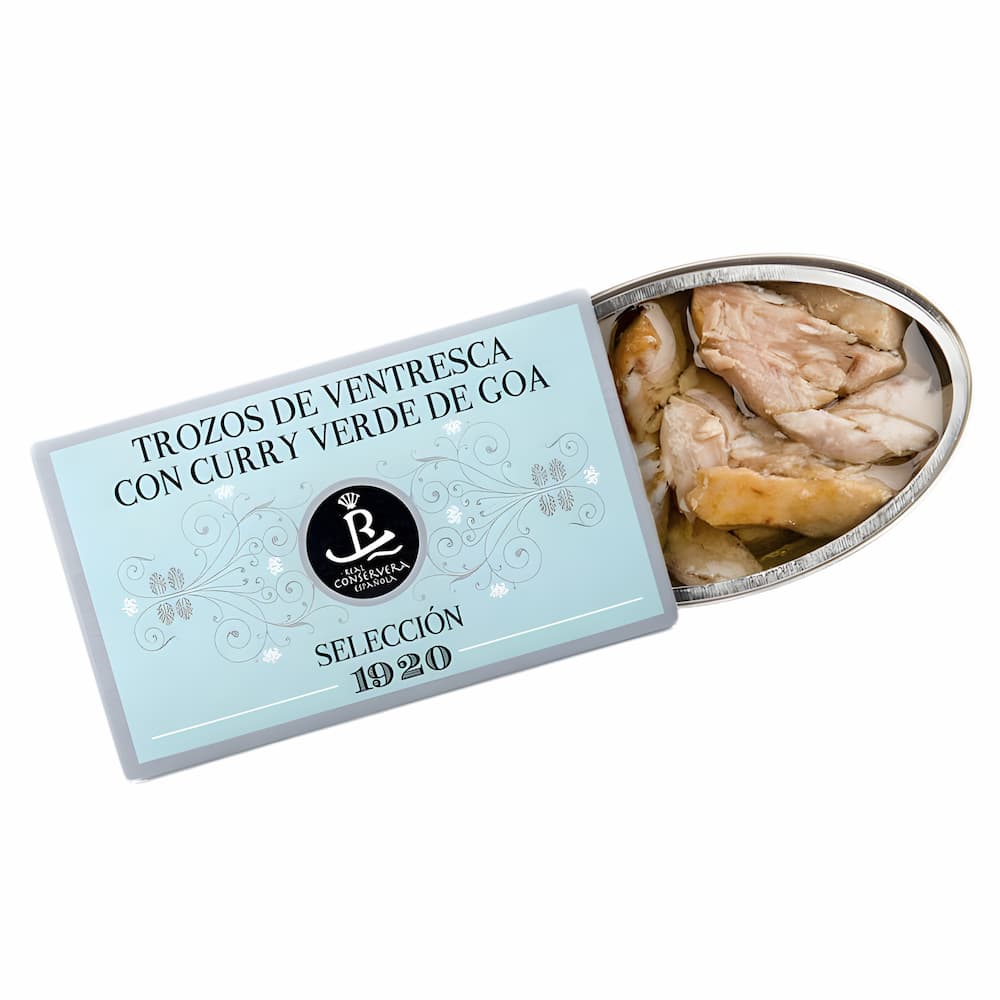 Trozos de Ventresca de Atún Claro en Aceite de Oliva con Curry (Thunfischbauch-Stücke mit Curry) – Selección 1920 Real Conservera Espanola