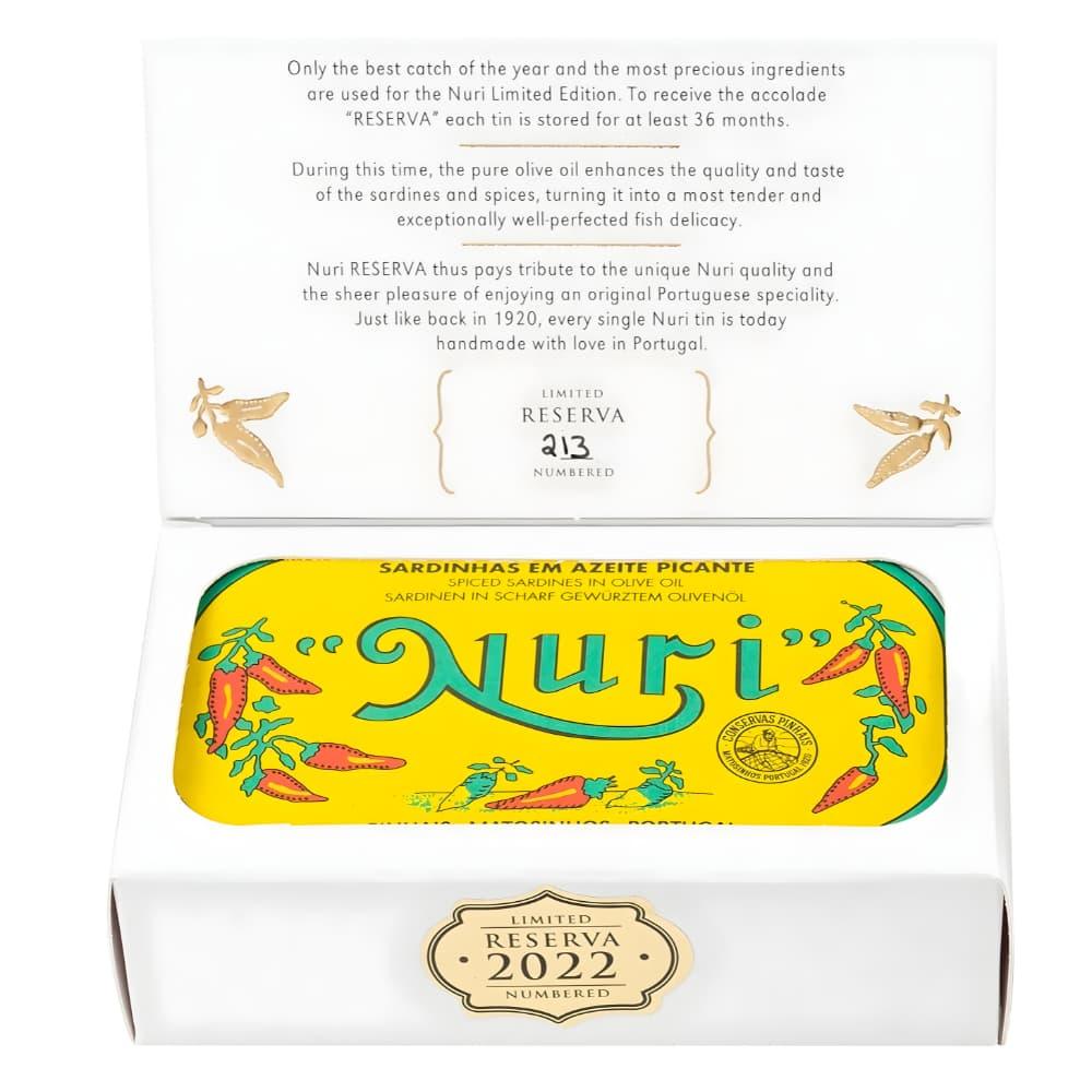 NURI Reserva 2022 – Spiced Sardines in Olive Oil (Pikante Jahrgangssardine) Nuri